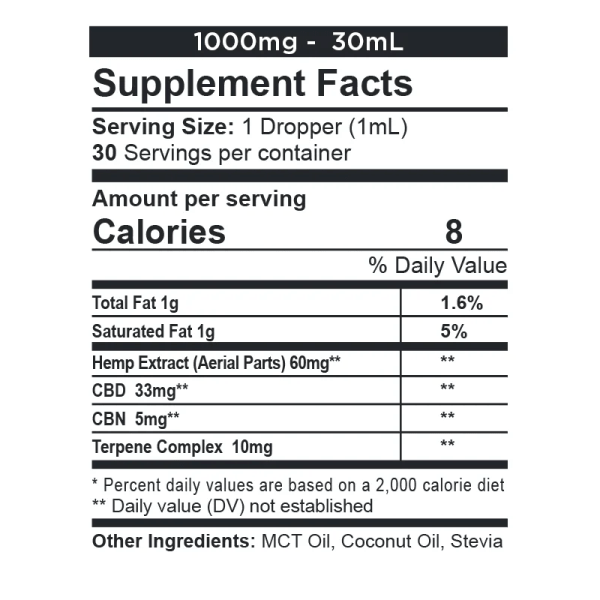 CBDfx CBD + CBN Calming Oil Tincture 1000mg Supplement Facts