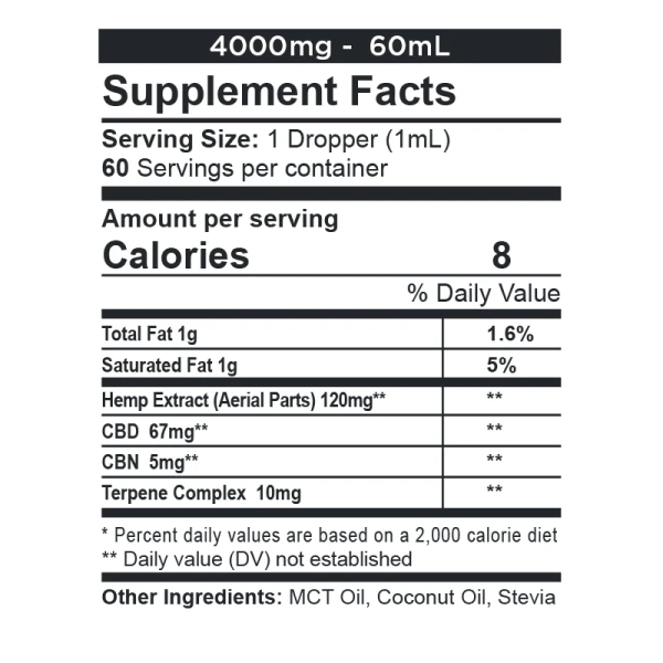 CBDfx CBD + CBN Calming Oil Tincture 4000mg Supplement Facts