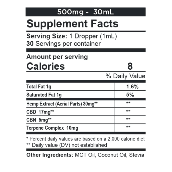CBDfx CBD + CBN Calming Oil Tincture 500mg Supplement Facts