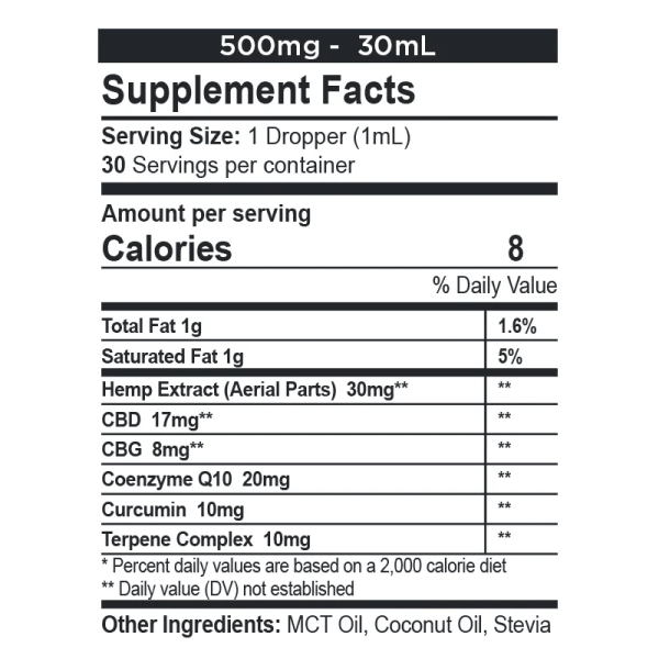 CBDfx CBD + CBG Wellness Oil Tincture 500mg Supplemental Facts
